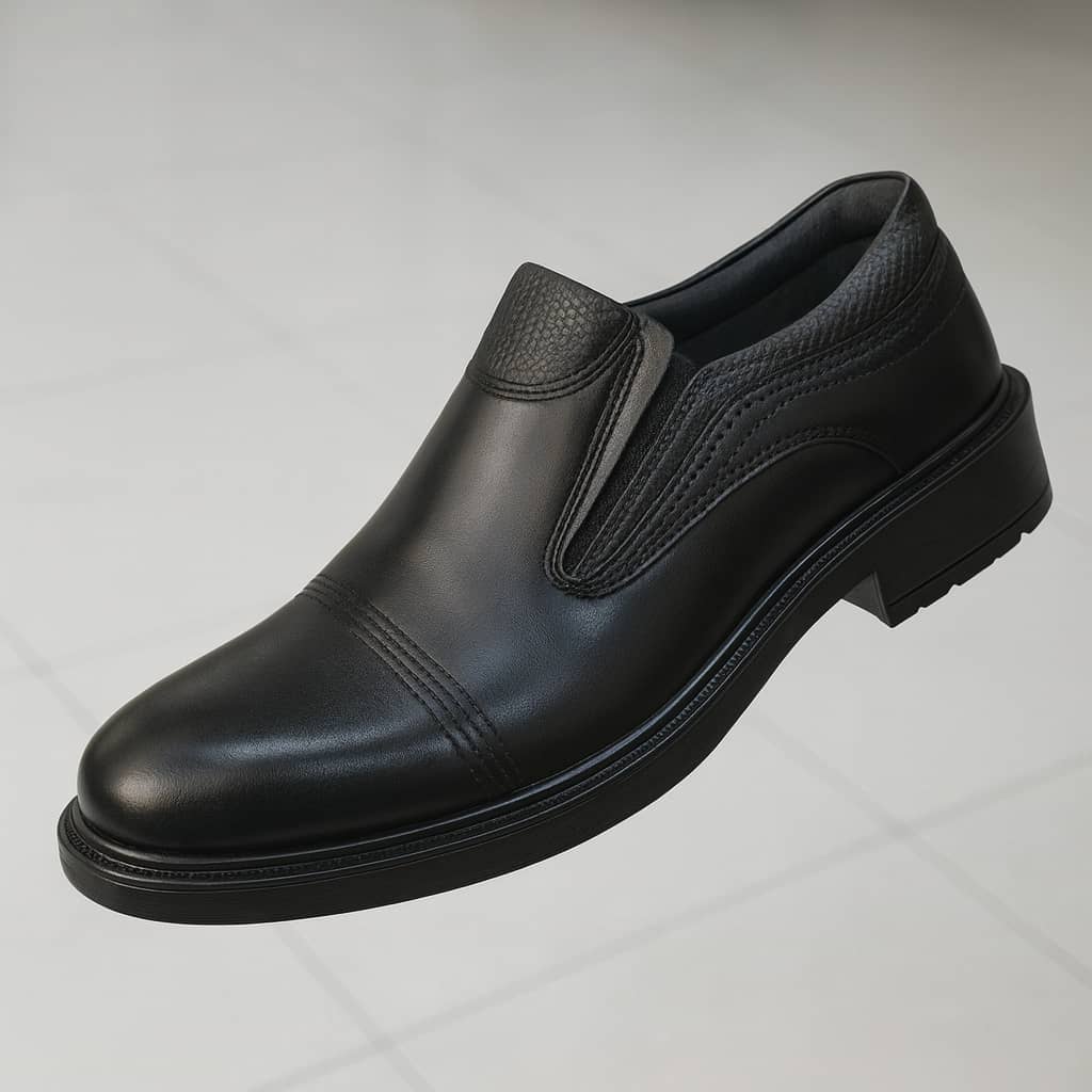 کفش مجلسی اداری مردانه جنس رویه چرم صنعتی کار تزریق مناسب مجلس واداری مدل صدرا دوتیکه شیک وبادوام رنگ مشکی فقط سایز ۴۴