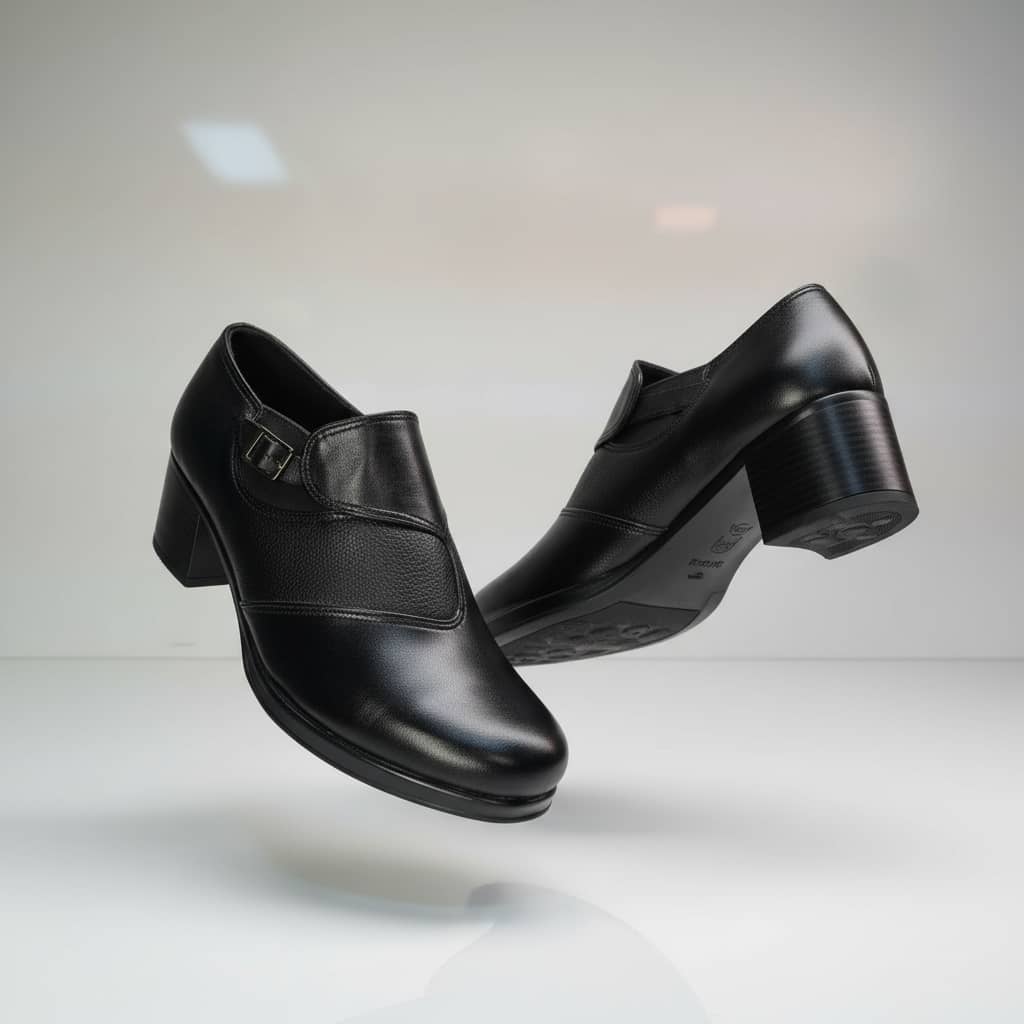 کفش اداری زنانه برند کشی سگکدار جنس رويه چرم صنعتی زیره پیو پاشنه دار فقط سایز۳۷و۳۸